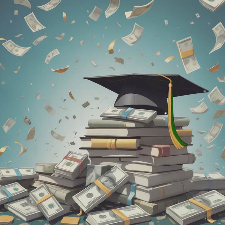 illustration of textbooks, money, and a graduation cap